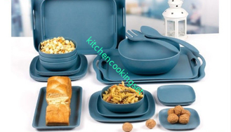 Food Safe Bamboo Disposable Dinnerware , Square Navy Blue Bamboo Tableware Set